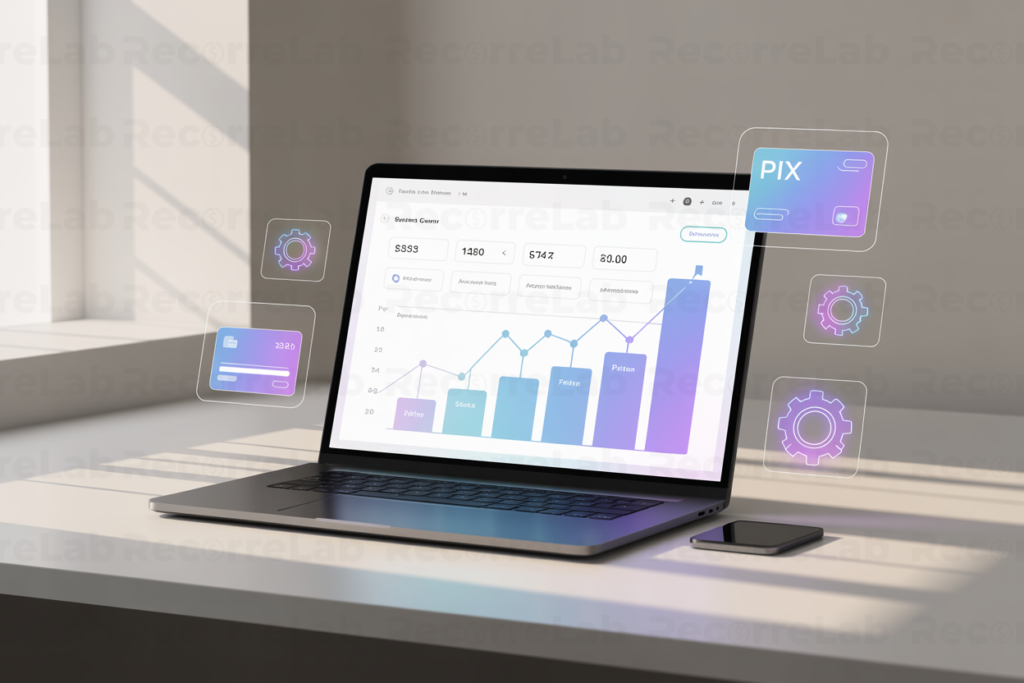 Painel de automação de cobrança exibindo gráficos de crescimento, indicadores financeiros, PIX automático e cartão recorrente, representando mensalidades automáticas e receita previsível.